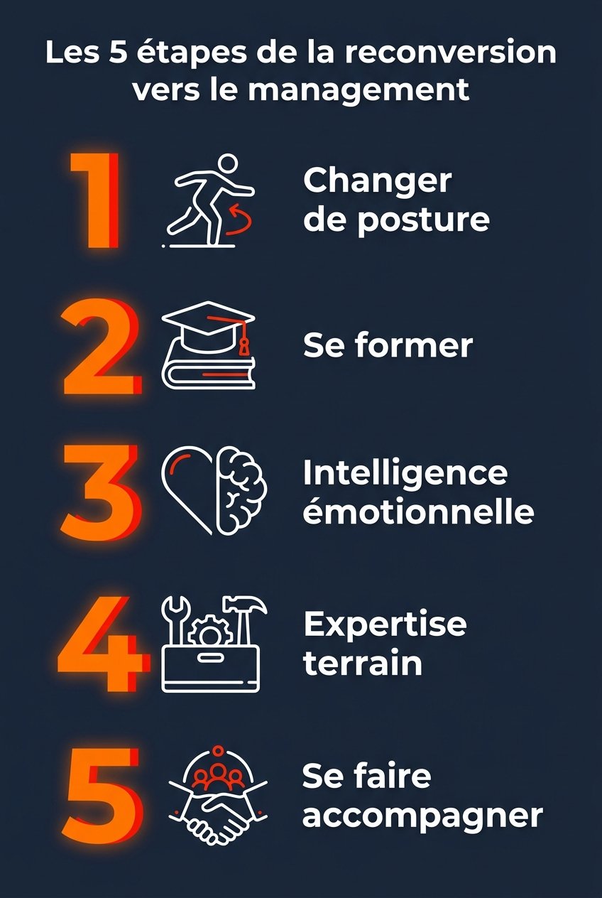 infographie les 5 etapes de la reconversion vers le management